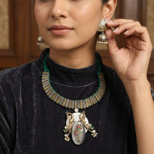 Fusion Inlay Kundan SLA Necklace - Gray