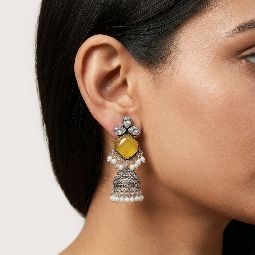 Yellow Monalisa Silver Look Jhumka