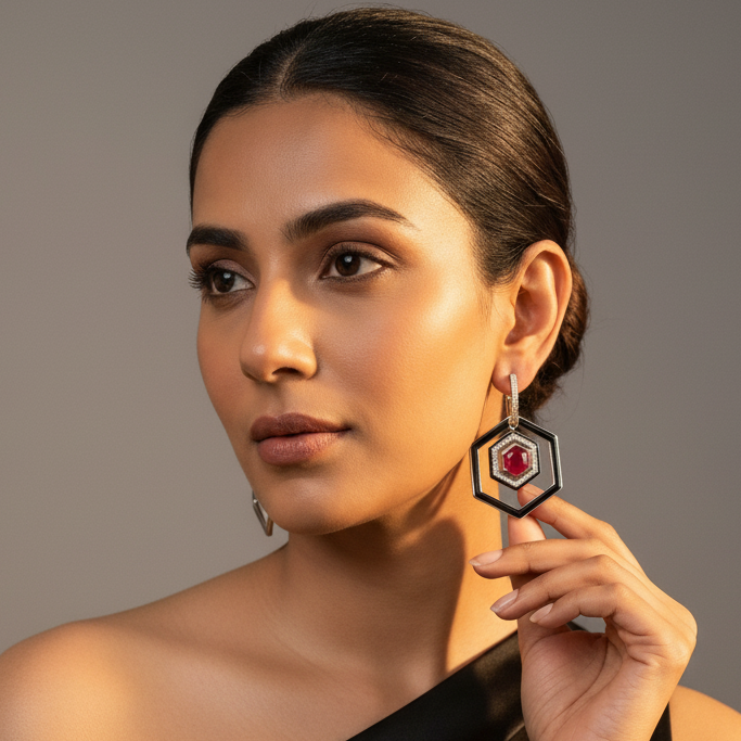 Hexagon Emerald Doublet & Enamel Earrings - Red