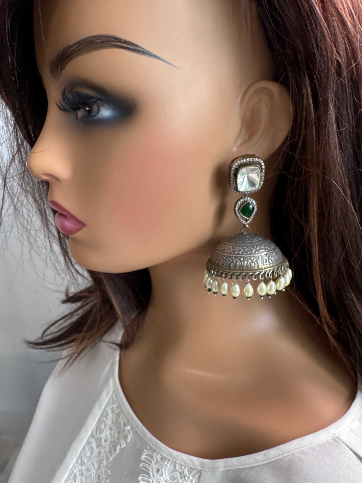 Large Kundan Fusion Jhumka- Green