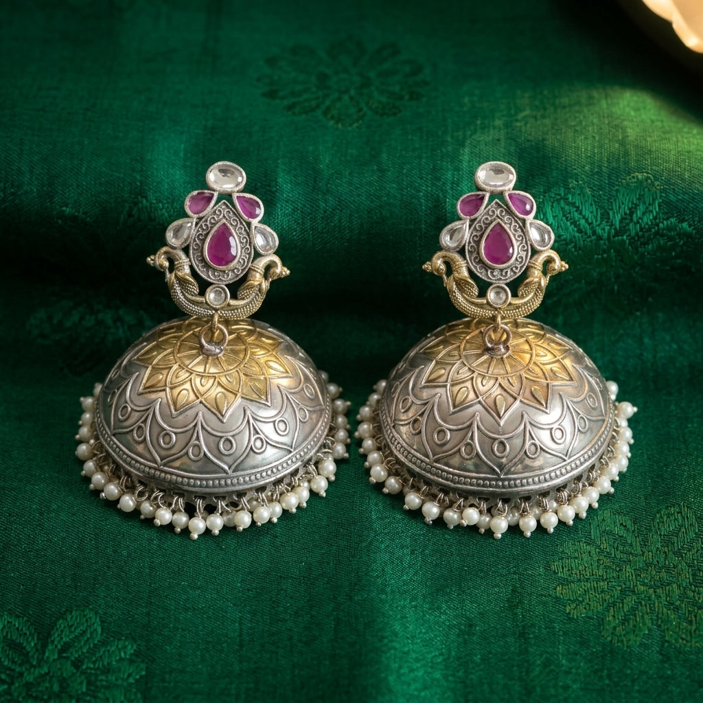 Dual Tone Jhumka - Ruby Clear