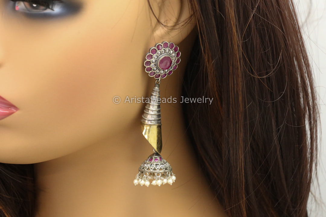 Long Dual Tone Jhumka - Ruby