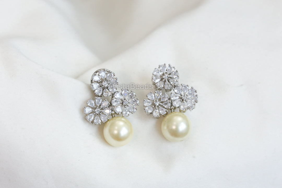 Dainty CZ & Pearl Earrings -Silver