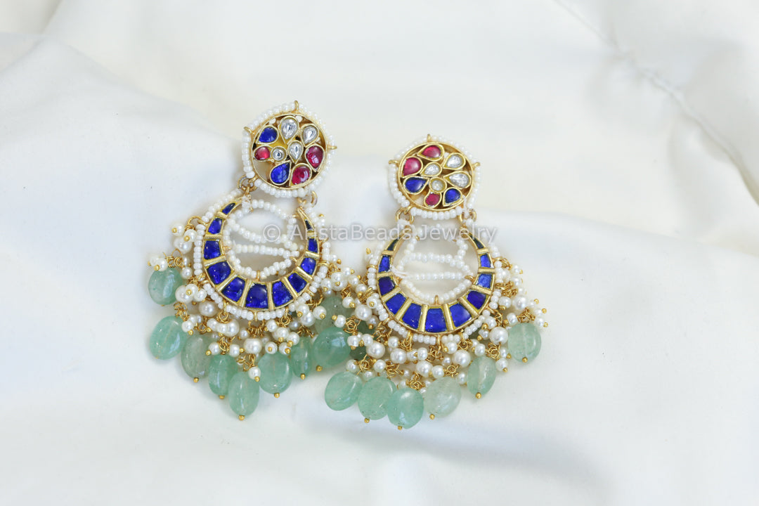 Pearl Piroyi Jadau Kundan Chandbaali - Blue