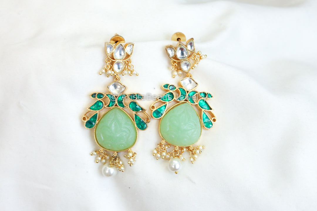 Mint Carved Stone Jadau Kundan Earrings