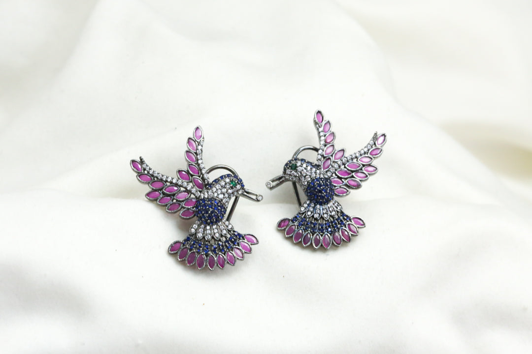 Pave Setting CZ Bird Earrings - Blue Ruby