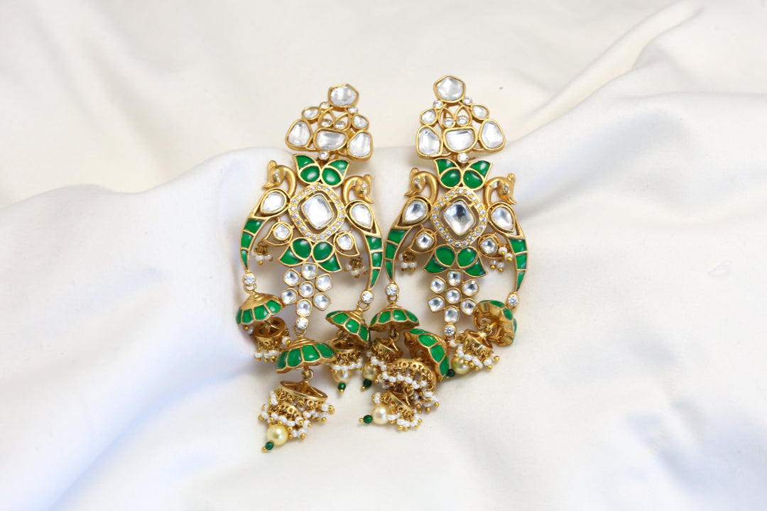 Premium 3 Tier Green Jadau & Uncut Kundan Jhumka