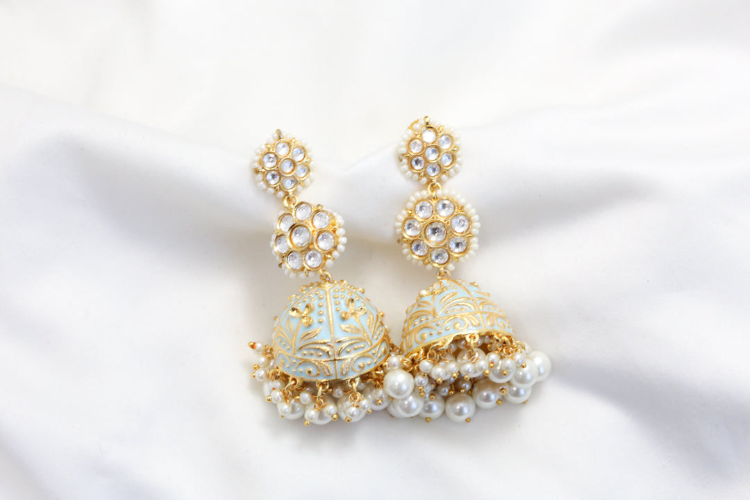 Kundan Polki Enamel Jhumka - Powder Blue