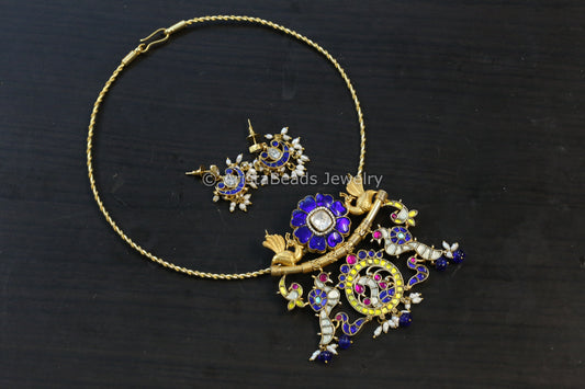 Jadau Fusion Yellow Blue Pendant Set (Removable)