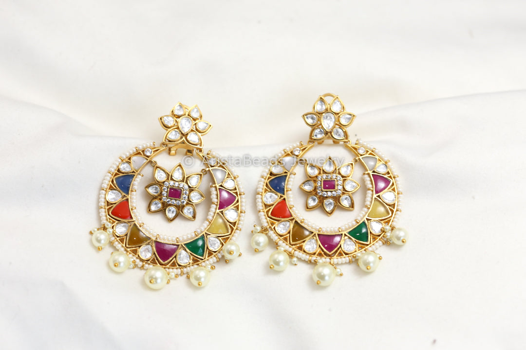Navratan Jadau & Uncut Polki Kundan Chandbaali