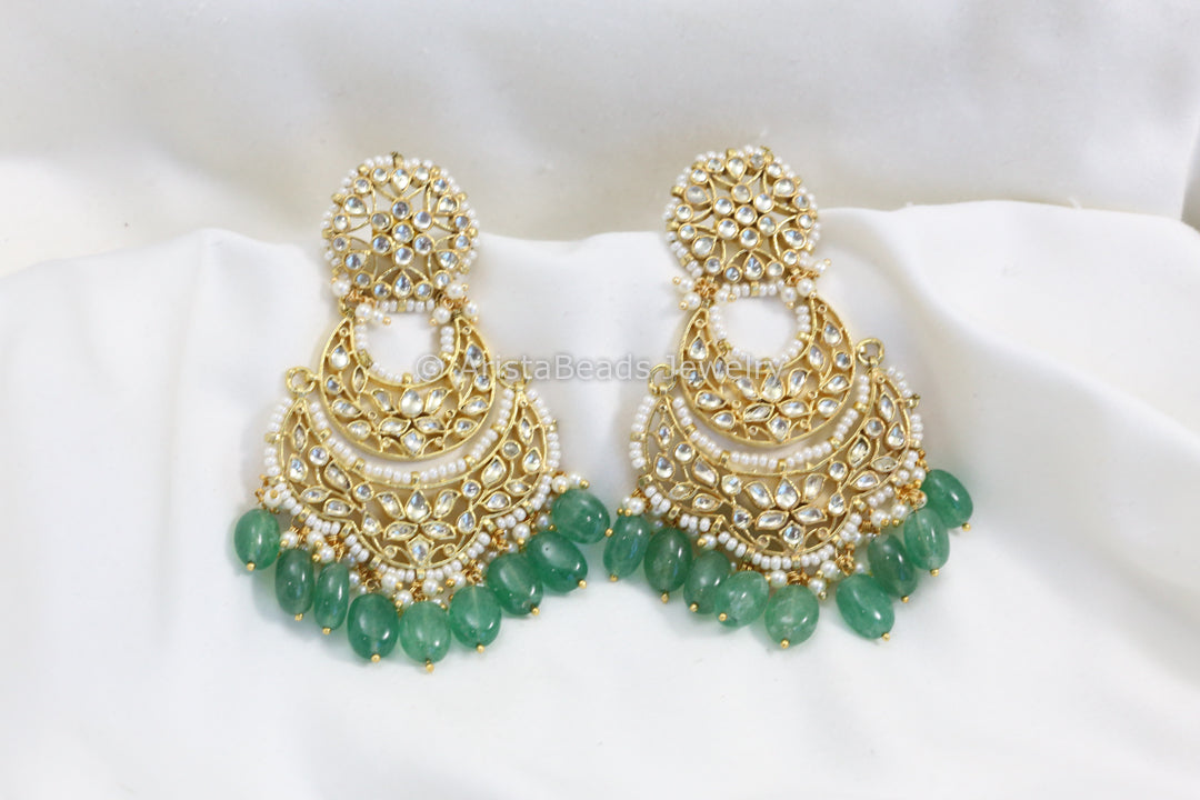 Fine Pachi Kundan Chandbaali - Aventurine Drops