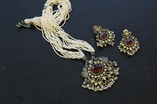 Dual Tone Victorian Necklace Set  - Red