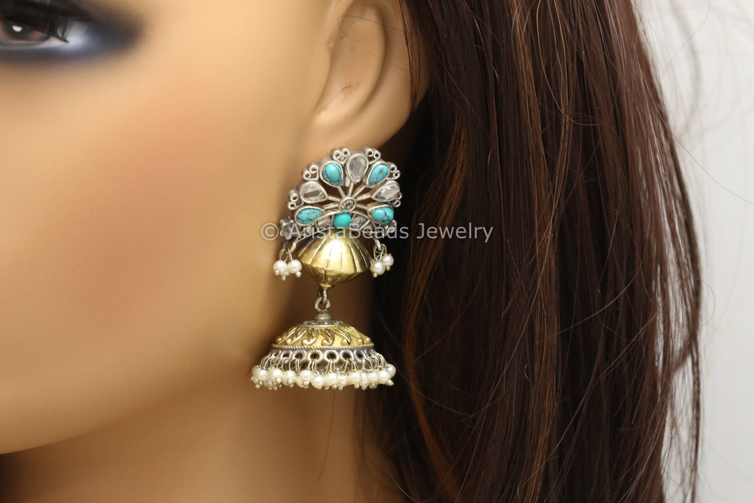 Silver Look Dual Tone Jhumka - Turquoise