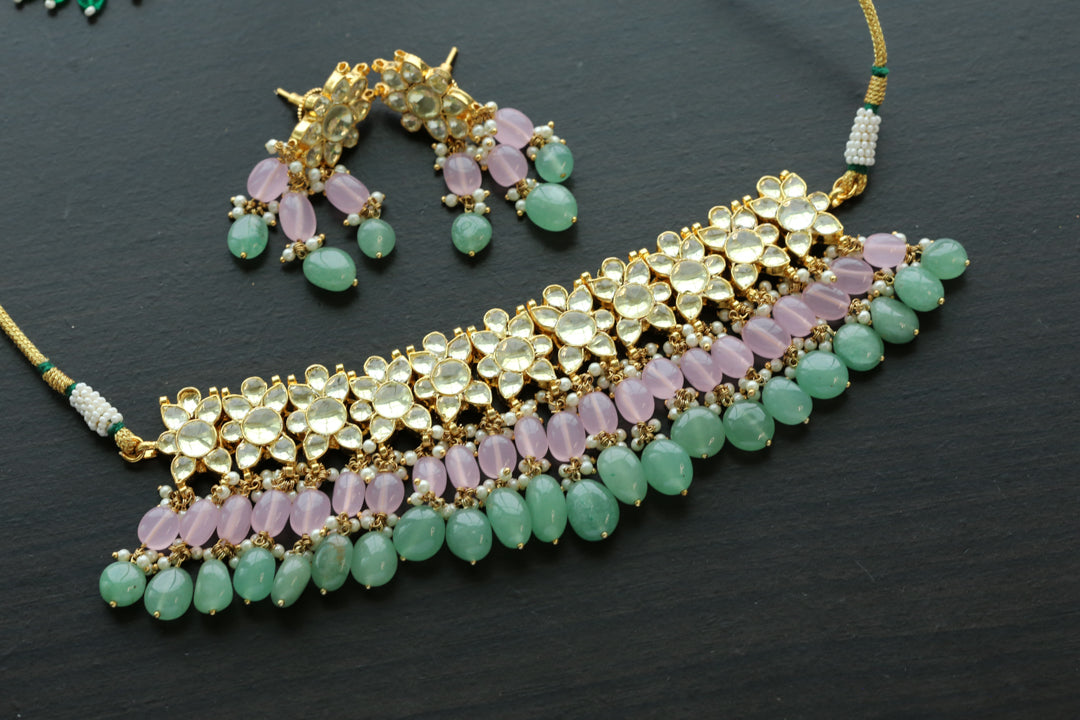 Pastel Drops Clear Pachi Kundan Necklace With Gold Foil