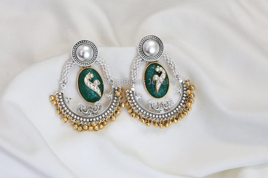 Dual Tone Carved Stone Earrings - Green