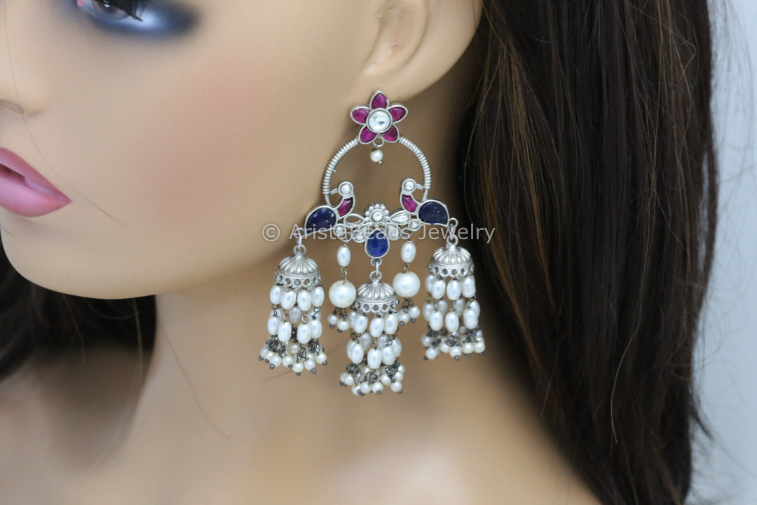 Long Silver Look Kundan Chandbaali Jhumka - Ruby Blue