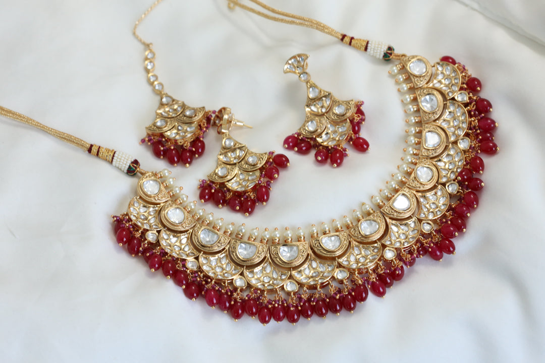 Premium Polki Kundan Necklace Set - Red Drops