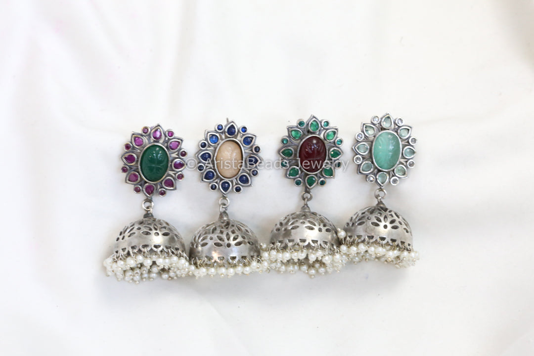 Silver Replica Carved Pota Stone Jhumka