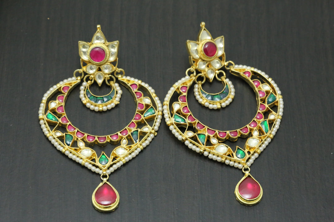 Large Pachi Kundan Chandbaali - Multi