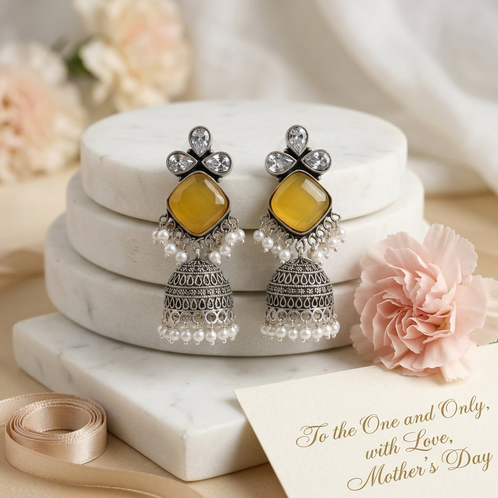 Yellow Monalisa Silver Look Jhumka