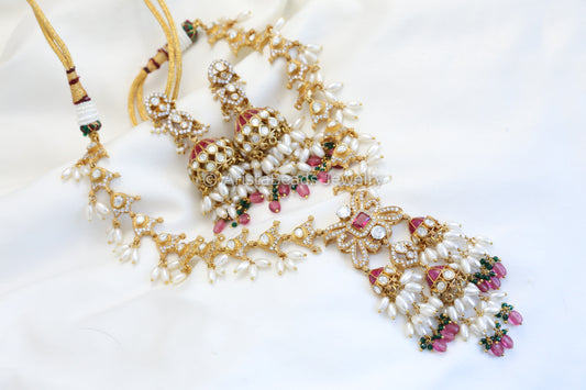 Real Moissanite & Jadau Jhumka Necklace Set - Ruby