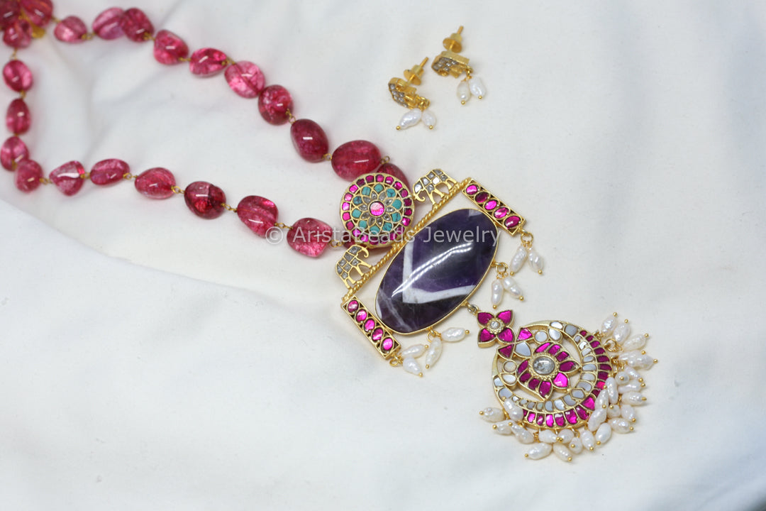 MOP Ruby Jadau Fusion Necklace Set -  Amethyst