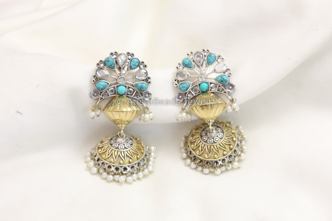 Silver Look Dual Tone Jhumka - Turquoise