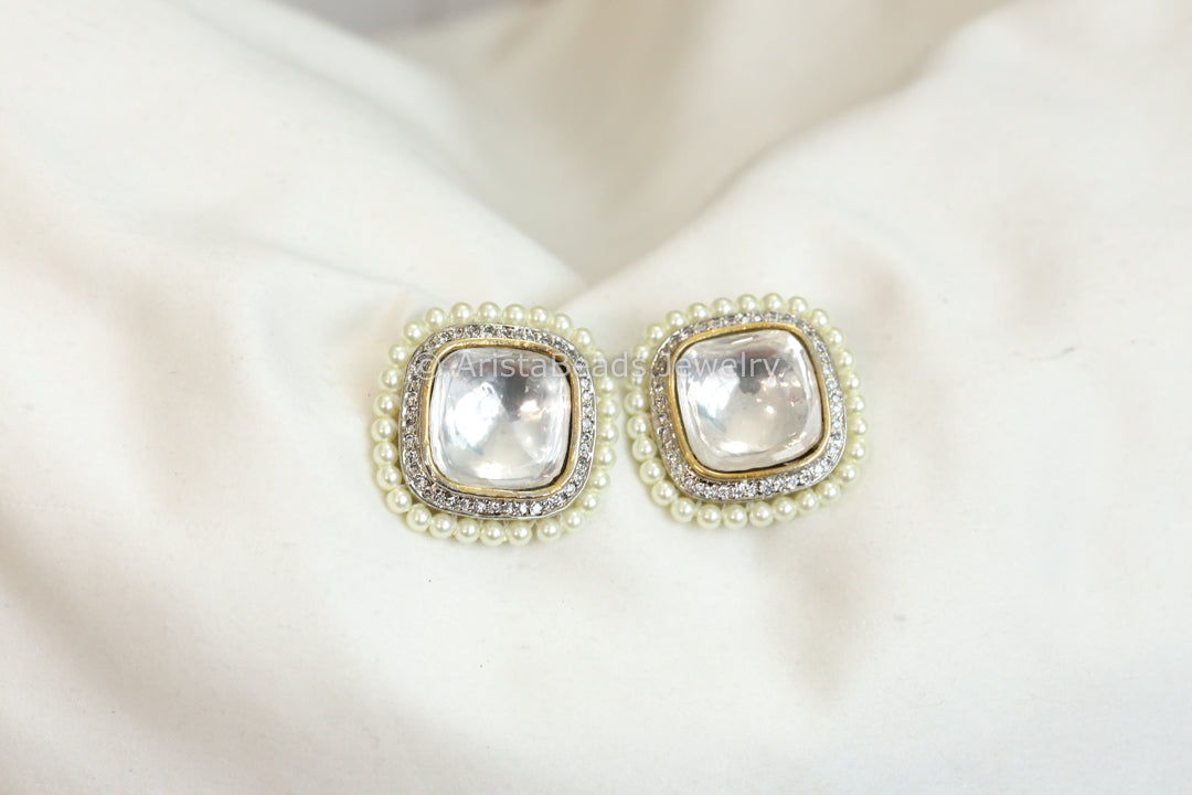 Large Uncut Polki & CZ Pearls Studs
