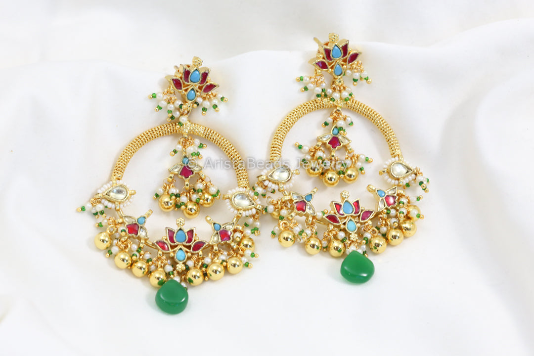 Fine Pachi Kundan Chandbaali - Turquoise
