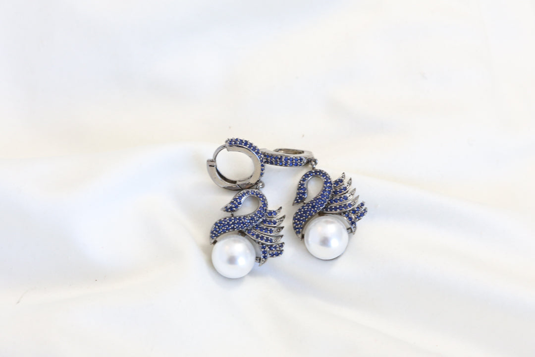 Premium Pave Setting CZ Swan Earrings -Blue