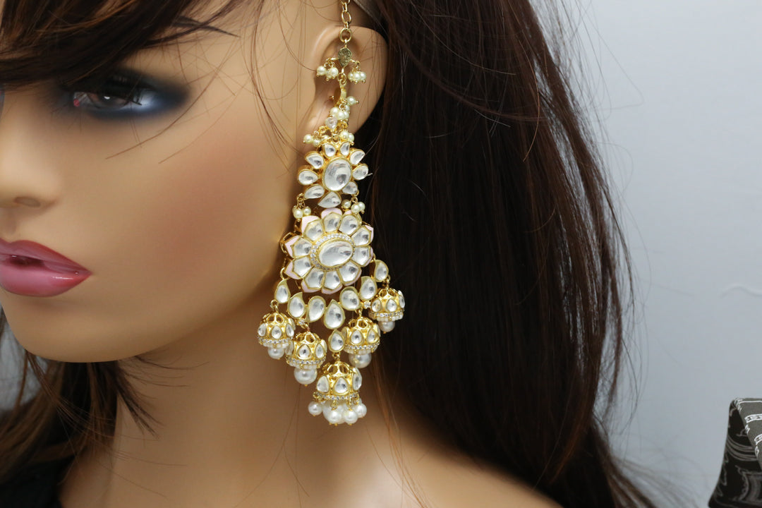 Kundan Polki Ear Chain Jhumka -  Pink