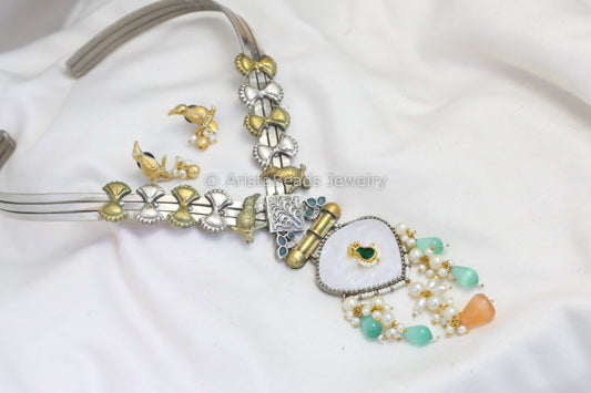 Silver Look MOP Jadau Fusion Necklace Set - Style 1