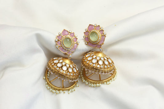 Premium TakkarJadau & Uncut Polki Jhumka- Pastel