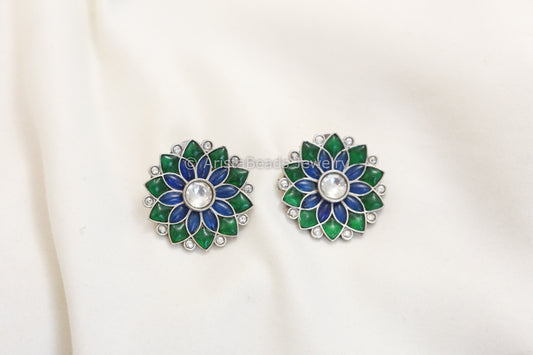 Jadau Kundan Silver Finish Studs - Green Blue