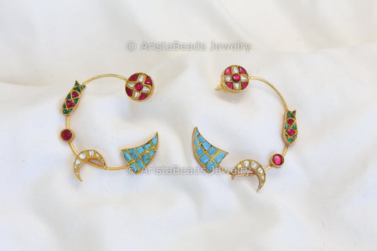 Contemporary Jadau Kundan Crescent Chandbaali - Turquoise