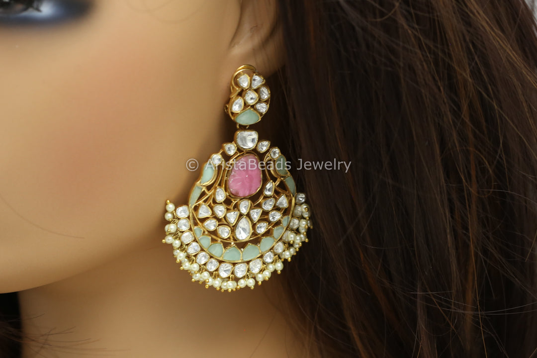 Pink Mint Jadau & Uncut Polki Kundan Chandbaali