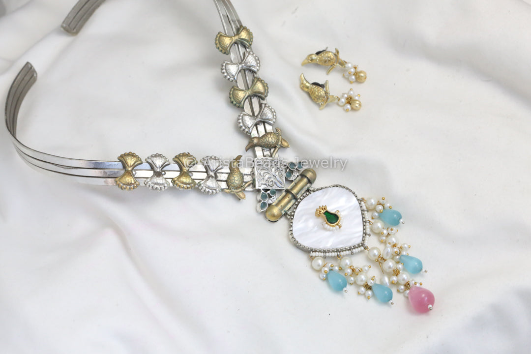 Silver Look MOP Jadau Fusion Necklace Set - Style 2