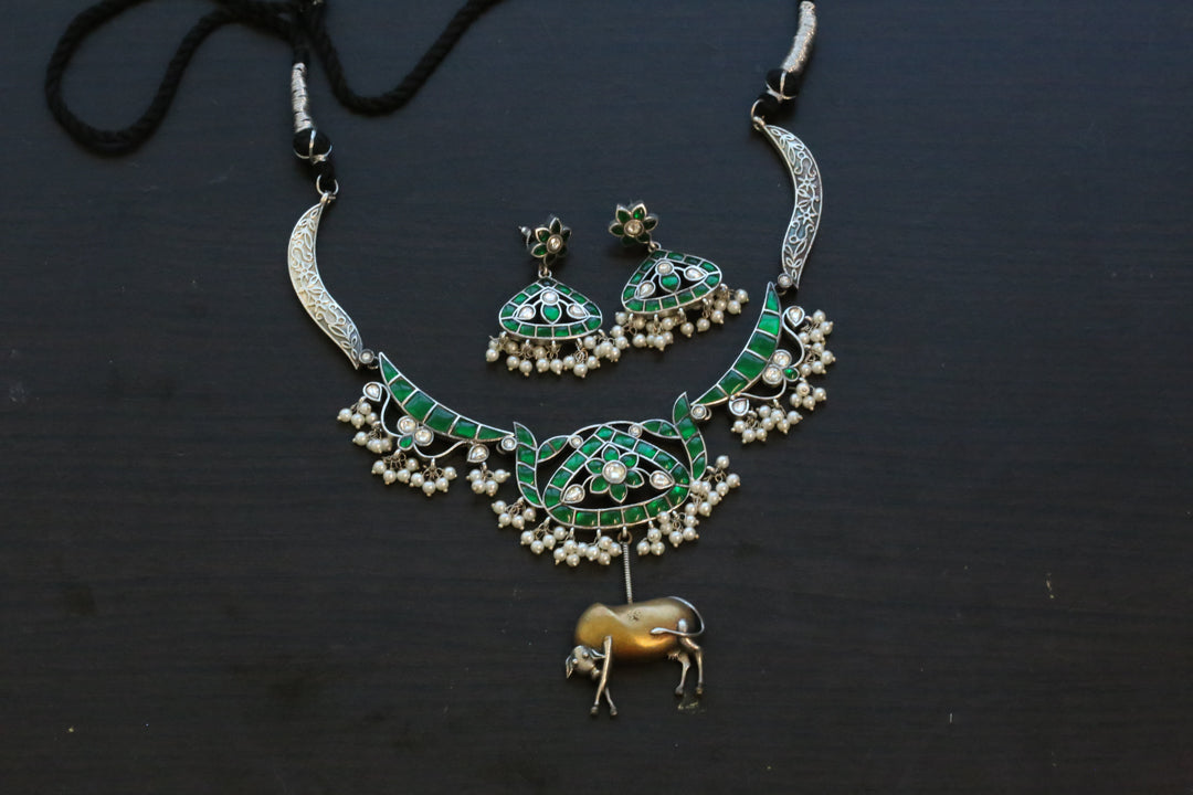 Nandi Jadau Kundan Oxidized Necklace Set - Green