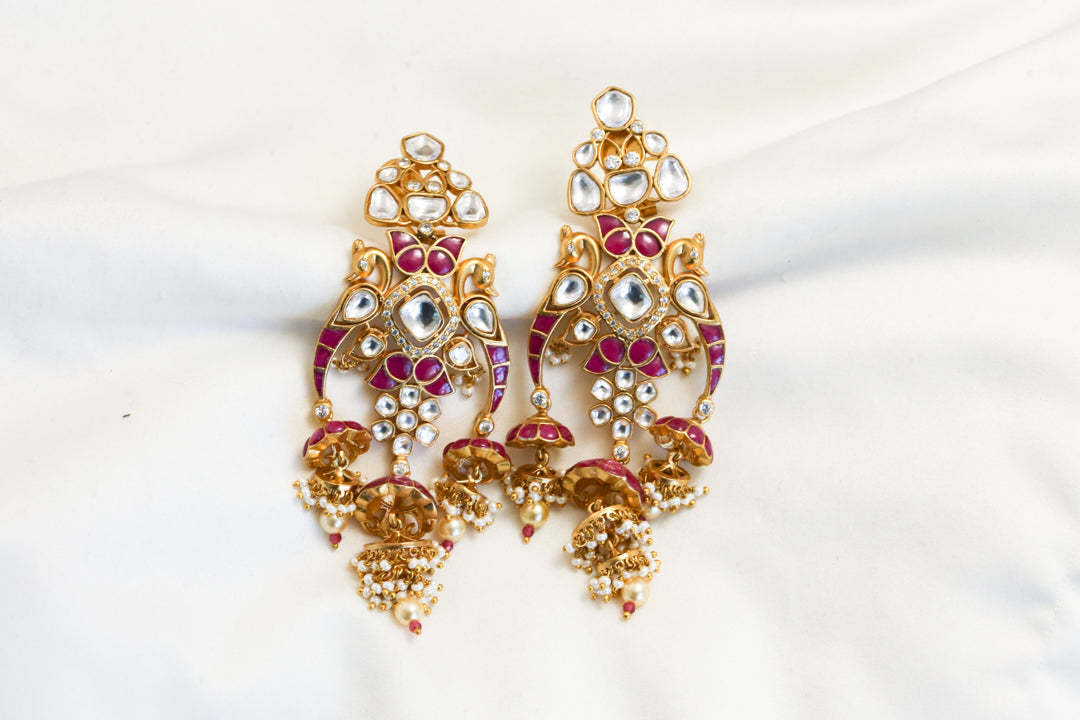 Premium 3 Tier Ruby Jadau & Uncut Kundan Jhumka
