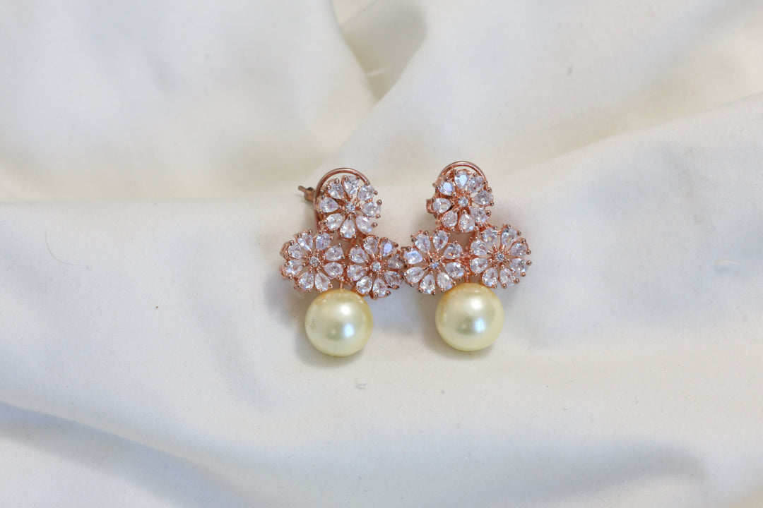 Rose Gold CZ Pearl Earrings