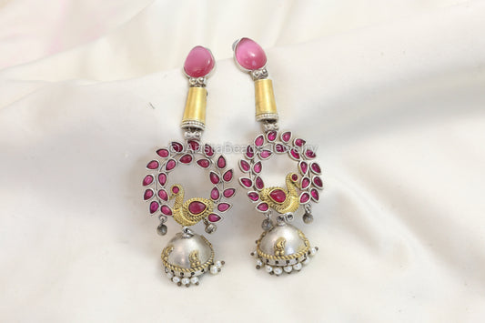 Long Dual Tone Kemp Stone Jhumka - Ruby