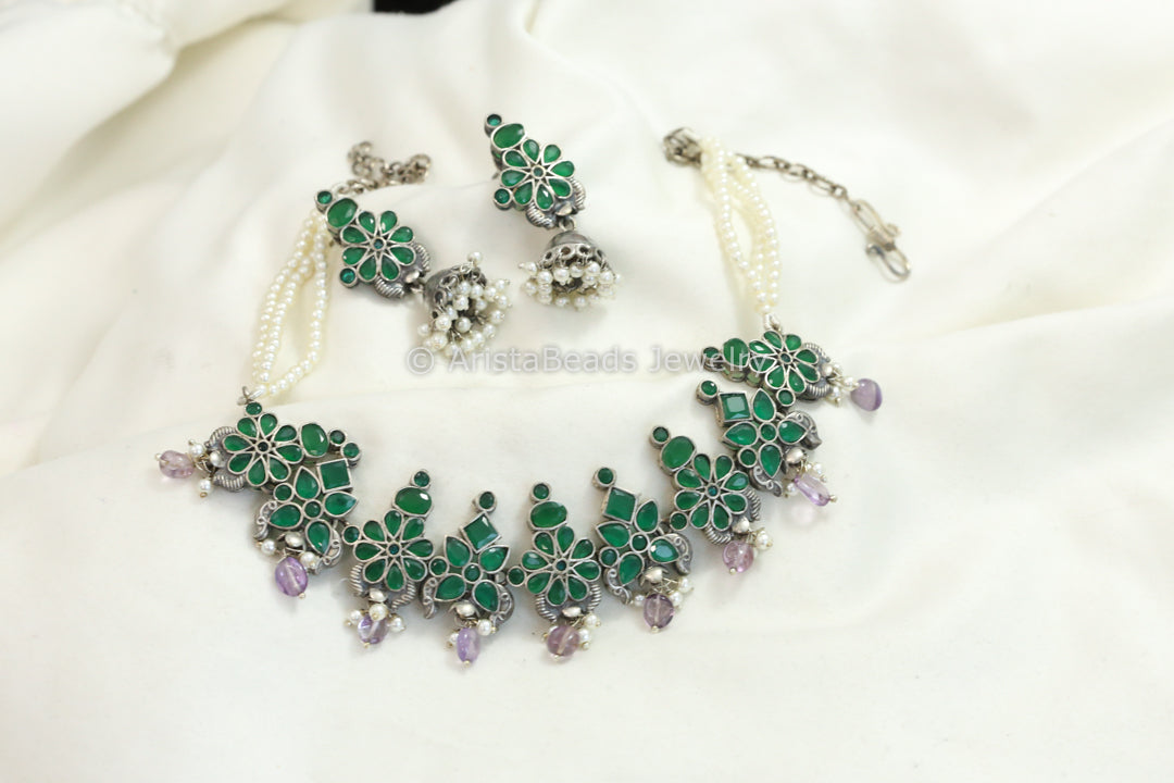 Sitara Silver Look Oxidized Necklace Set - Green