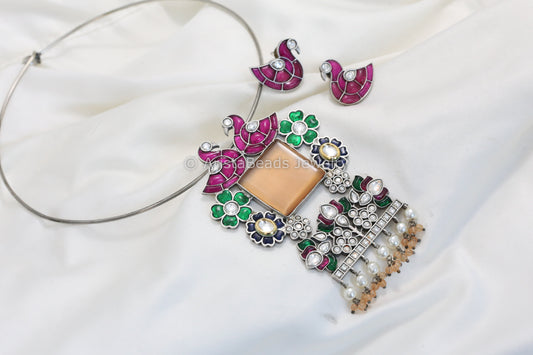 Orange Monalisa Stone Jadau Pendant Hasli Set