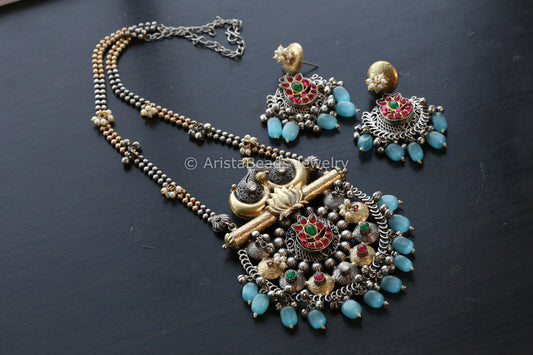 Silver Look Kemp Kundan Fusion Necklace Set - Blue