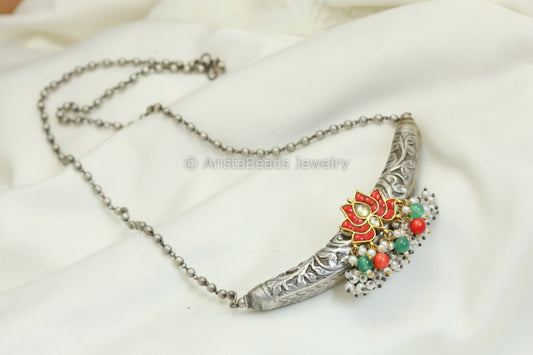 Coral Jadau Tabeez Oxidized Necklace