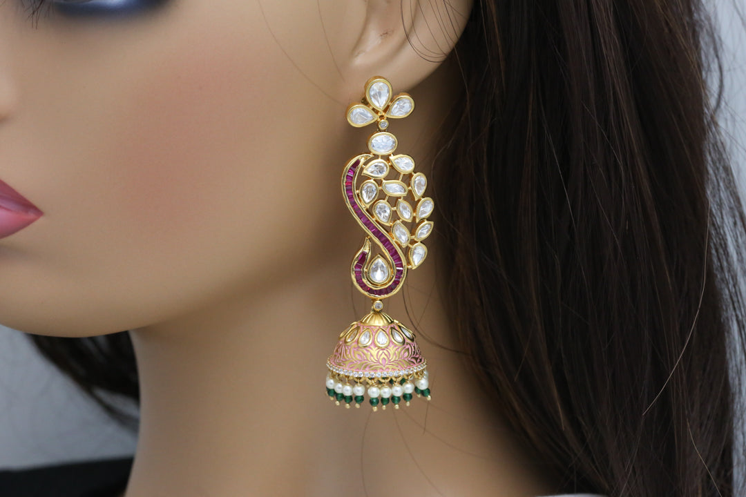 Polki Kundan &  Baguette Ruby Enamel Jhumka