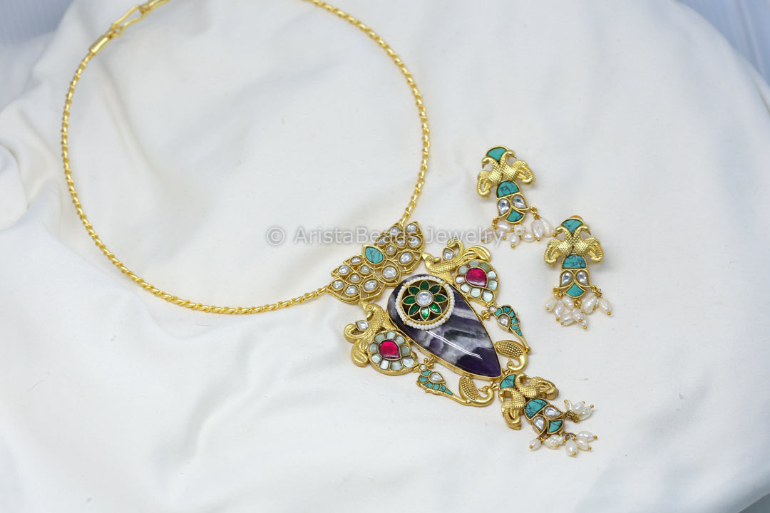 Mint Turquoise Jadau Fusion Necklace Set -  Amethyst (Removable)