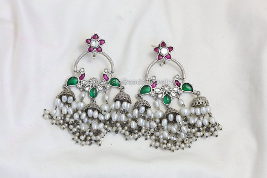 Long Silver Look Kundan Chandbaali Jhumka- Green Ruby