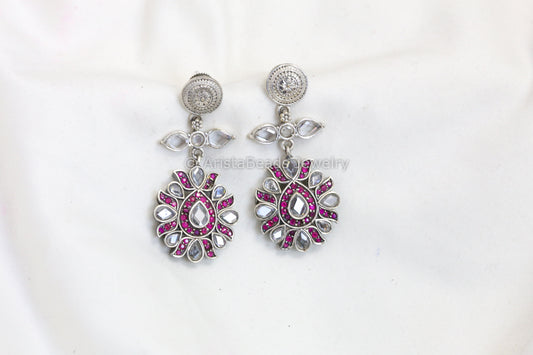CZ Polki Silver Look Earrings - Clear Ruby