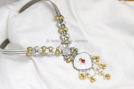 Silver Look MOP Jadau Fusion Necklace Set - Style 3